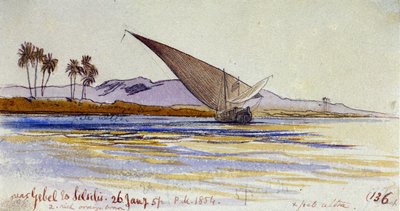 As margens do Nilo (Egipto), com palmeiras e gyassi de frente para a margem, perto de Gebel el Silsileh. Desenho a aguarela colorida de Edward Lear