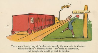Havia uma jovem dama da Suécia, que passava pelo trem lento para Weedon, de "Um livro de bobagens", publicado por Frederick Warne and Co., Londres, c.1875 de Edward Lear