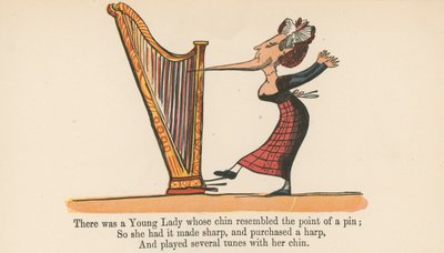 Havia uma jovem senhora cujo queixo se assemelhava à ponta de um alfinete, de "A Book of Nonsense", publicado por Frederick Warne and Co., Londres, c.1875 de Edward Lear