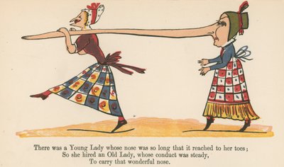 Havia uma jovem senhora cujo nariz era tão comprido que chegava até os dedos dos pés, de "Um livro sem sentido", publicado por Frederick Warne and Co., Londres, c.1875 de Edward Lear