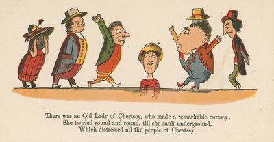 Houve uma senhora idosa de Chertsey, que fez uma notável reverência, de "A Book of Nonsense", publicada por Frederick Warne and Co., Londres, c.1875 de Edward Lear
