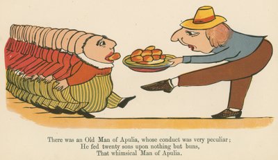 Havia um Velho da Apúlia, cuja conduta era muito peculiar, de "Um livro de tolices", publicado por Frederick Warne and Co., Londres, c.1875 de Edward Lear