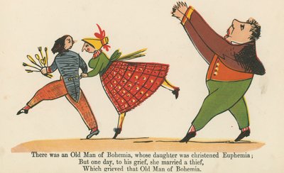 Havia um Velho da Boêmia, cuja filha foi batizada Eufêmia, de "Um livro de tolices", publicado por Frederick Warne and Co., Londres, c.1875 de Edward Lear