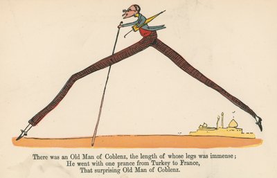 Havia um velho homem de Coblença, cujo comprimento de pernas era imenso, de "Um livro sem sentido", publicado por Frederick Warne and Co., Londres, c.1875. de Edward Lear