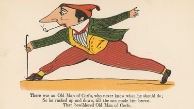 Havia um velho homem de Corfu, que nunca soube o que deveria fazer, de "Um livro do absurdo", publicado por Frederick Warne and Co., Londres, c.1875 de Edward Lear
