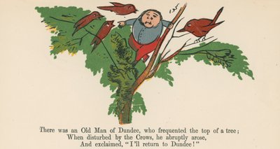 Havia um Velho de Dundee, que frequentava o topo de uma árvore, de "Um livro de tolices", publicado por Frederick Warne and Co., Londres, c.1875 de Edward Lear
