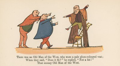 Havia um velho homem do oeste, que usava um colete de cor de ameixa pálida, de "Um livro de bobagens", publicado por Frederick Warne and Co., Londres, c.1875 de Edward Lear