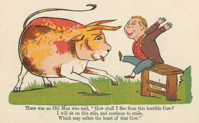 Havia um ancião que disse: "Como fugirei desta horrível vaca", de "Um livro sem sentido", publicado por Frederick Warne and Co., Londres, c.1875. de Edward Lear