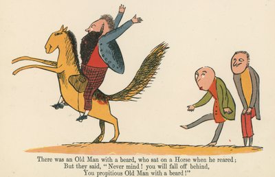 Havia um velho homem de barba, que se sentou em um cavalo quando ele criou, de "Um livro de tolices", publicado por Frederick Warne and Co., Londres, c.1875 de Edward Lear