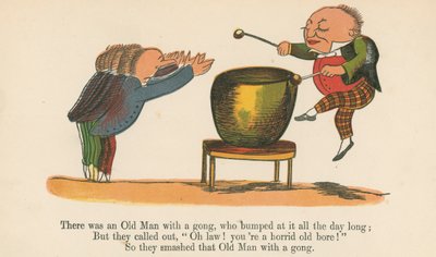 Havia um homem velho com um gongo, que bateu nele o dia todo, de "Um livro de bobagens", publicado por Frederick Warne and Co., Londres, c.1875 de Edward Lear