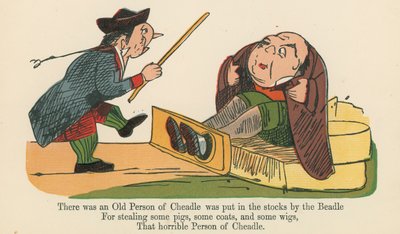 Houve um Old Person of Cheadle foi colocado em ações pelo Beadle, de &39;Um livro de nonsense&39;, publicado por Frederick Warne and Co., Londres, c.1875 de Edward Lear