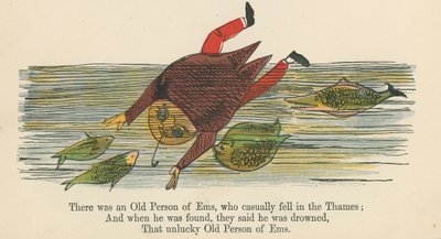 Houve uma Velha Pessoa de Ems, que casualmente caiu no Tamisa, de "Um Livro de Tolices", publicado por Frederick Warne and Co., Londres, c.1875 de Edward Lear