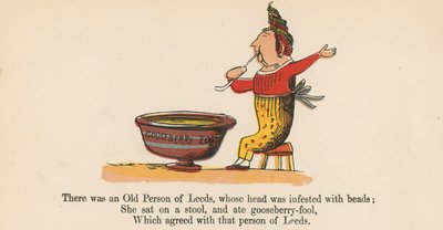 Havia uma pessoa idosa de Leeds, cuja cabeça estava infestada de contas, de "A Book of Nonsense", publicada por Frederick Warne and Co., Londres, c.1875. de Edward Lear