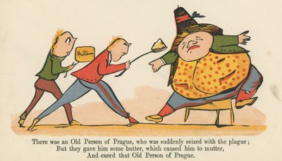 Houve um velho de Praga, que foi subitamente tomado pela peste, de &39;A Book of Nonsense&39;, publicado por Frederick Warne and Co., Londres, c.1875 de Edward Lear