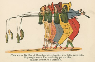 Havia e Velho de Marselha, cujas filhas usavam véus verde-garrafa, de "A Book of Nonsense", publicado por Frederick Warne and Co., Londres, c.1875 de Edward Lear