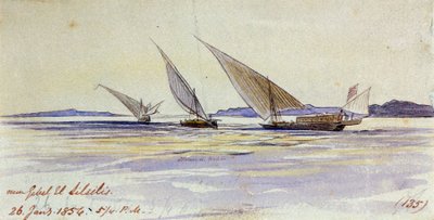 Três navios de transporte tradicionais egípcios, navegando no Nilo, perto de Gebel el-Silsila ou Gebel Silsileh (Egito) de Edward Lear