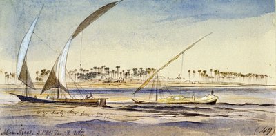 Dois barcos egípcios (um nuggar e um djem) a navegar no Nilo, perto de Abu Ajees (Egito). Desenho a aguarela colorida de Edward Lear