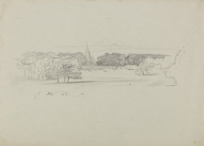 Vista de um prado em direção a uma igreja de Edward Lear