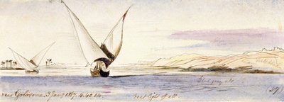 Vista do Nilo perto de Golosona (Egito), com um barco tradicional egípcio a navegar. Desenho a aguarela colorida de Edward Lear