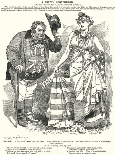 Soco cartoon: Um centenário - o centenário da elaboração da Constituição dos Estados Unidos (gravura) de Edward Linley (after) Sambourne