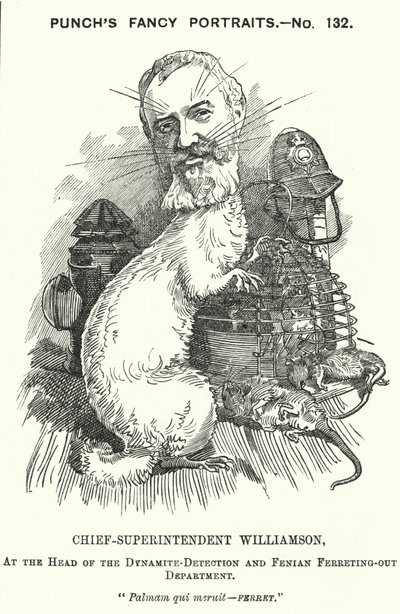 Soco cartoon: Adolphus Williamson, agente da polícia britânica e primeiro chefe do Departamento de Detetives da Polícia Metropolitana (gravura) de Edward Linley (after) Sambourne