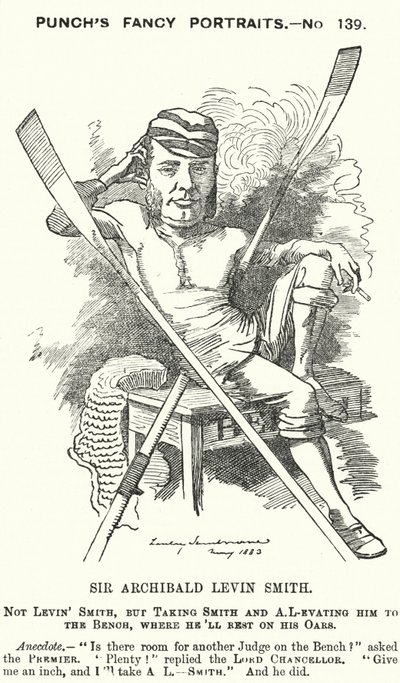 Soco cartoon: Archibald Levin Smith, juiz inglês e remador que competiu na Corrida de Barcos da Universidade e na Regata Real de Henley (gravura) de Edward Linley (after) Sambourne