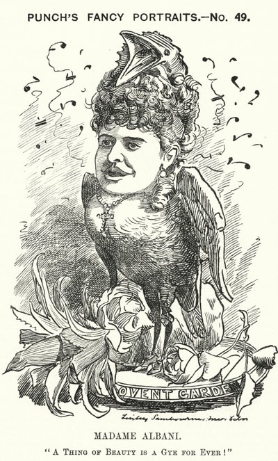 Soco cartoon: Emma Albani, cantora de ópera canadense (gravura) de Edward Linley (after) Sambourne