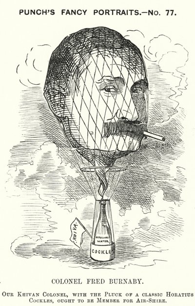 Soco cartoon: Frederick Burnaby, oficial da inteligência do exército britânico e balonista (gravura) de Edward Linley (after) Sambourne