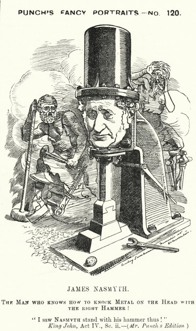 Soco cartoon: James Nasmyth, engenheiro escocês e inventor do martelo a vapor (gravura) de Edward Linley (after) Sambourne