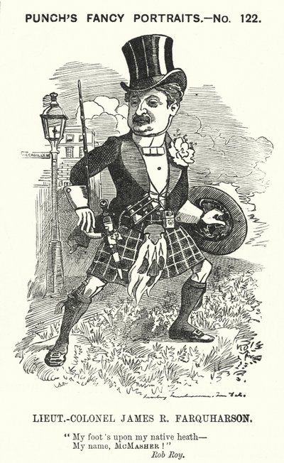 Soco cartoon: James Ross Farquharson, soldado escocês (gravura) de Edward Linley (after) Sambourne