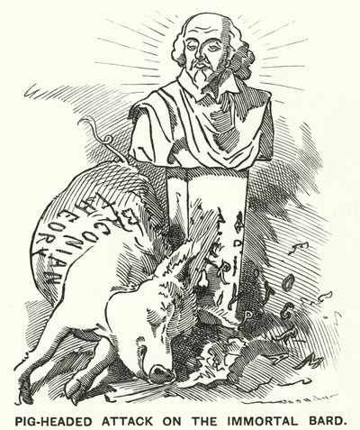 Soco cartoon: Ataque ao Bardo Imortal - a teoria de que as peças de William Shakespeare foram realmente escritas por Sir Francis Bacon (gravura) de Edward Linley (after) Sambourne