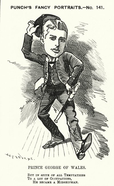 Soco cartoon: Príncipe Jorge de Gales, o futuro Rei Jorge V, como um meio-irmão da Marinha Real (gravura) de Edward Linley (after) Sambourne