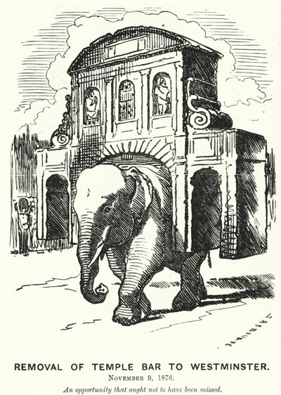 Soco cartoon: Remoção do Temple Bar para Westminster (gravura) de Edward Linley (after) Sambourne