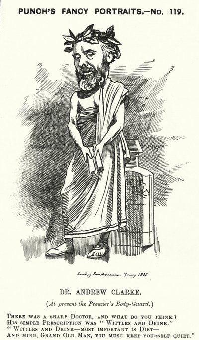 Soco cartoon: Sir Andrew Clarke, médico britânico, médico de William Ewart Gladstone (gravura) de Edward Linley (after) Sambourne