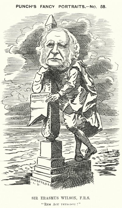 Soco cartoon: Sir Erasmus Wilson, cirurgião e dermatologista inglês (gravura) de Edward Linley (after) Sambourne