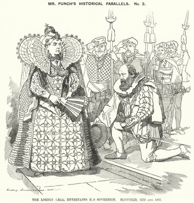 Soco cartoon: O Lordly Cecil Entertains His Sovereign, Hatfield... de Edward Linley (after) Sambourne