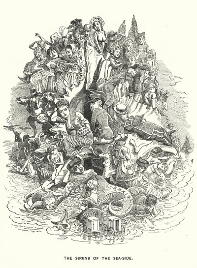 Soco cartoon: The Sirens of the Sea-Side - estâncias de férias costeiras britânicas (gravura) de Edward Linley (after) Sambourne