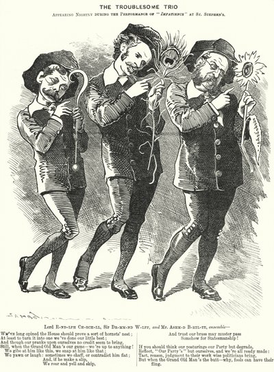 Soco cartoon: O Trio dos Problemas: Lord Randolph Churchill, Henry Drummond Wolff e Ellis Ashmead-Bartlett, políticos conservadores britânicos (gravura) de Edward Linley (after) Sambourne