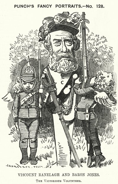 Soco cartoon: Thomas Heron Jones, 7° Visconde Ranelagh e Barão Jones de Navan, promotor do movimento de voluntários do Exército Britânico (gravura) de Edward Linley (after) Sambourne
