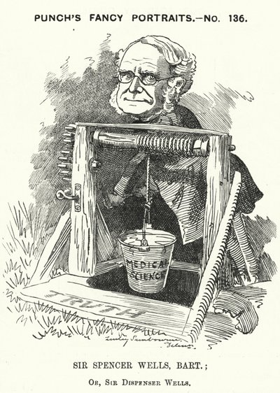 Soco cartoon: Thomas Spencer Wells, médico inglês, cirurgião da Rainha Vitória (gravura) de Edward Linley (after) Sambourne