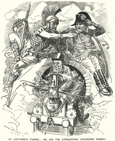 Punch cartoon: conclusão do túnel ferroviário de São Gotardo sob os Alpes (gravura) de Edward Linley (after) Sambourne