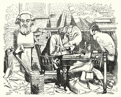 Punch cartoon: escritor a trabalhar no seu estudo (gravura) de Edward Linley (after) Sambourne