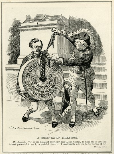 &39;A Presentation Millstone&39;, o Primeiro Ministro Asquith apresenta o Chanceler do Tesouro, Lloyd George, com o esquema de Pensões da Velhice, 1908 de Edward Linley Sambourne