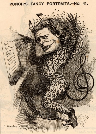 "Anton Rubinstein (1829-1894) Pianista, compositor e maestro russo, fundador do Conservatório de São Petersburgo. Na temporada de concertos de 1881 em Londres, ganhou cerca de £10.000. Uma das suas composições foi a ópera "Demon" (1875). Desenho animado de de Edward Linley Sambourne