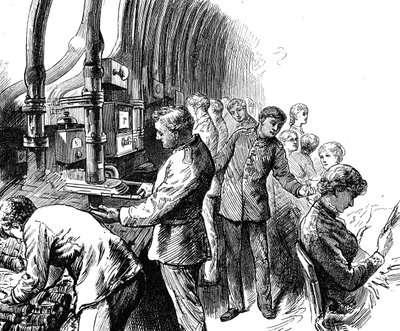 Gravura retratando o despacho pneumático que os Correios Gerais utilizavam para transportar as encomendas sob Londres. Edward Linley Sambourne (1844-1910), cartoonista e ilustrador inglês. Datação do século XIX ©UIG/Leemage de Edward Linley Sambourne