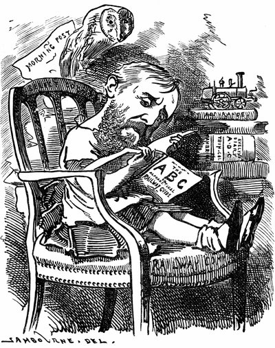 Evelyn Ashley (1836-1907) autora inglesa e política liberal: filho do 7º Conde de Shaftesbury. Desenho animado por Edward Linley Sambourne na série Fancy Portraits de Punch London, abril de 1881, quando Ashley era subsecretária da Junta Comercial. de Edward Linley Sambourne