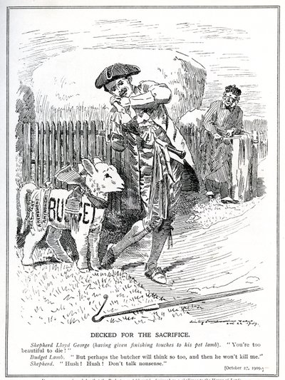 Lloyd George se prepara para enviar seu "cordeiro de estimação", o "Orçamento Popular", para ser sacrificado e morto pela Câmara dos Lordes, em 1909 de Edward Linley Sambourne