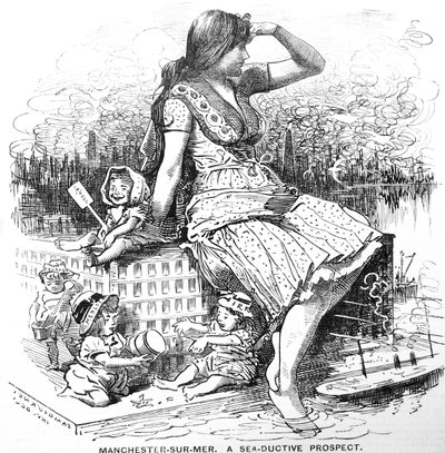 Prospecção para Manchester após a aprovação dos planos do Líder Edward William para o Manchester Ship Canal. Desenho animado por Edward Linley Sambourne de "Punch", Londres de Edward Linley Sambourne