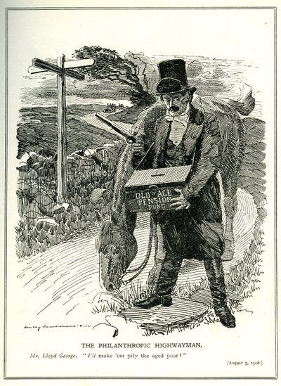 &39;The Highwayman Filantrópico&39;, Lloyd George com o Old Age Pension Fund, cartum da revista &39;Punch&39;, 5 de agosto de 1908 de Edward Linley Sambourne