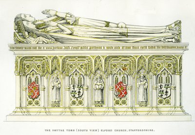 Lady Isabel Neville e seu segundo marido, Sir William Smythe, do Smythe Tomb, Igreja de São Pedro, Elford, Staffordshire, Inglaterra, 1848-9 (gravura colorida à mão) (ver também 741544 e 779760) de Edward M. Richardson